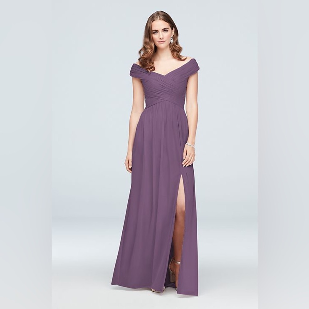 crisscross off-the-shoulder mesh bridesmaid dress
